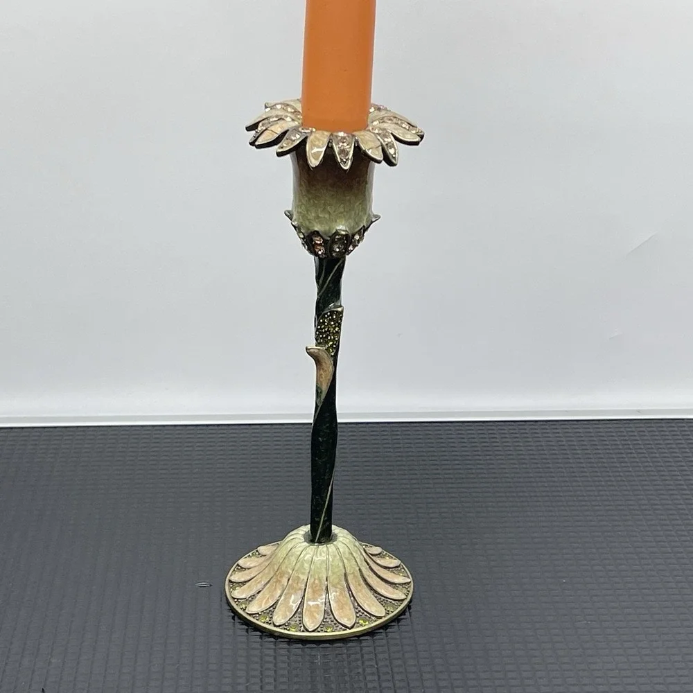 Vintage Enamel Solid Metal Candle Holder Candlestick Art Nouveau‎ Floral Jeweled